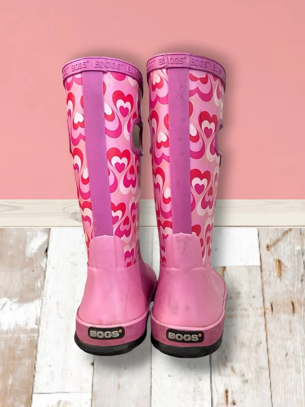 Bogs Girls Rain Boots Waterproof Pink Heart Size 3 VGUC ☔️